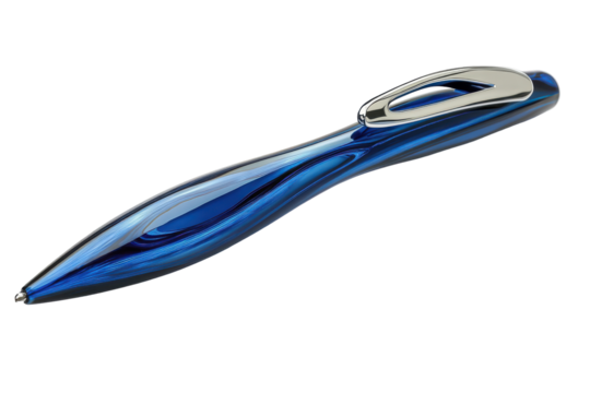 Elegant blue ballpoint pen with silver accents isolated on transparent background. Blue ballpoint pen with a shiny silver clip isolated on white background, 3d rendering.