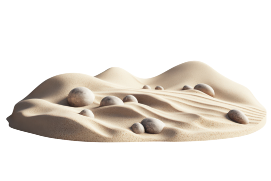 Miniature desert landscape with rolling dunes and rocks isolated on transparent background. Desert landscape featuring soft sand dunes and scattered rocks isolated on white background.