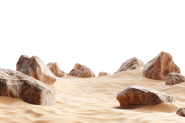 Miniature desert landscape with rolling dunes and rocks isolated on transparent background. Desert landscape featuring soft sand dunes and scattered rocks isolated on white background.