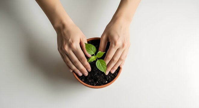 Close-up of hands gently tending a small green seedling in a terracotta pot on a clean white surface, symbolizing growth and care. - Powered by Adobe