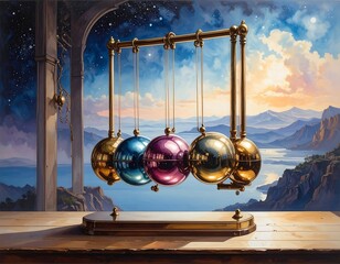 Ornate pendulum device overlooking a landscape