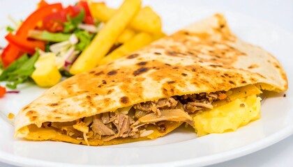 Grilled flatbread with savory filling, served with fries and salad
