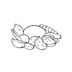 Fototapeta premium A hand-drawn, classic black and white vector silhouette of Turkish food, presented with rough lines and textured pencil strokes on a clean white background.