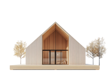 Modern architectural model of a pavilion with tree isolated on transparent background. House showcasing modern minimalist design with clean lines isolated on white background.