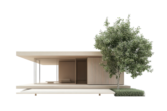 Modern architectural model of a pavilion with tree isolated on transparent background. House showcasing modern minimalist design with clean lines isolated on white background.