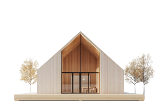 Modern architectural model of a pavilion with tree isolated on transparent background. House showcasing modern minimalist design with clean lines isolated on white background.