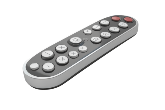 Modern black remote control with many buttons isolated on transparent background. Remote control featuring multiple buttons isolated on white background, 3d rendering.
