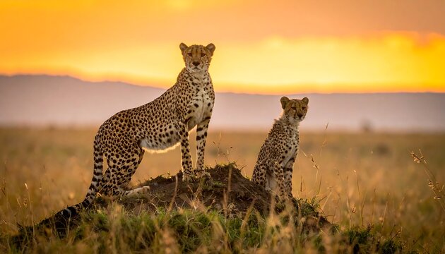 Cheetah Mother and Cub at Sunset in Africa. - Powered by Adobe