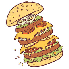 A tall stacked cartoon style hamburger with multiple layers of beef patties cheese lettuce tomato and onion isolated on a white background