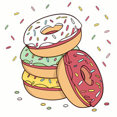A vibrant and colorful stack of delicious donuts with white green and red icing adorned with sprinkles alongside a single donut set against a clean white background with scattered sprinkles