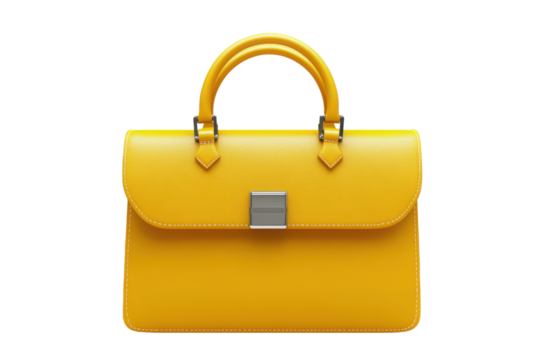 Elegant yellow leather handbag isolated on transparent background. Yellow handbag with a handle and front clasp isolated on white background, 3d rendering.