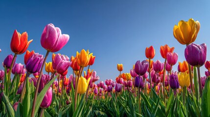 A Cheerful Field Filled with Vibrant Dutch Tulips