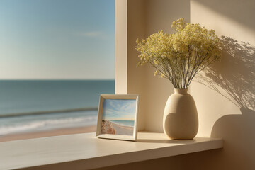 cozy shelf displays sleek digital frame featuring gorgeous sea view perfectly essence of sunny day