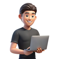 3d cartoon man holding laptop isolated on transparent background