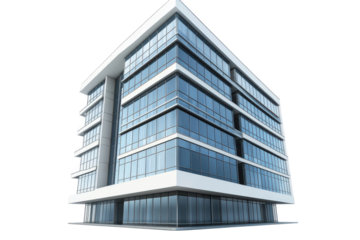 Modern glass office building architecture isolated on transparent background. Modern high rise office building with clean architectural lines and large windows isolated on white background.