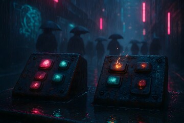 Glowing buttons on weathered consoles in rainy neon city control panel green