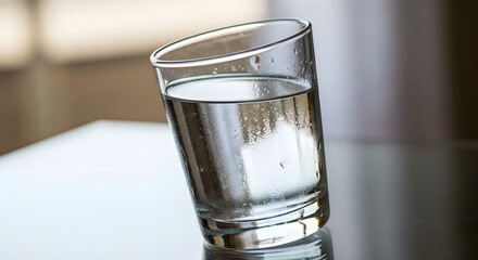A tilted glass of water stands on a reflective surface, condensation clinging to the glass, suggesting freshness and hydration, suitable for health, wellness, or beverage-related content.