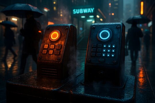 Futuristic subway entry devices glowing orange and blue image