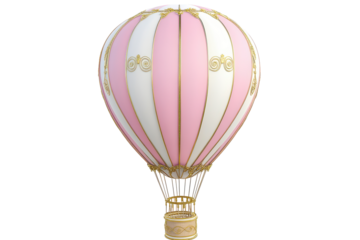 Elegant pink and white striped hot air balloon ornament isolated on transparent background. Pink and white hot air balloon with gold detailing isolated on white background.