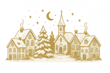 Golden glitter christmas village with snow, church, houses, and fir trees under a starry night sky