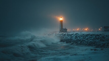 Fototapeta premium A Lighthouse Shines as a Sign of Hope in a Storm