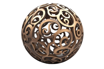 Ornate metallic with intricate filigree design isolated on transparent background. Sphere featuring an intricate openwork design with organic patterns isolated on white background.