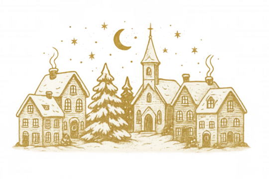 Golden glitter christmas village with snow, church, houses, and fir trees under a starry night sky