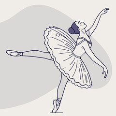 Elegant ballerina in a graceful pose showcasing a delicate tutu and pointe shoes captured in a minimalist line art style with a soft pastel background © Stock
