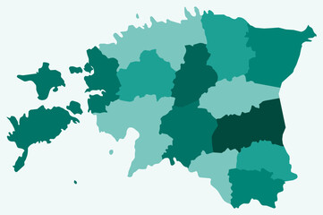 Map of Estonia with regions. Just a simple country border map with region division. Teal color palette. Flat Republic of Estonia shape with administrative division. Vector illustration.
