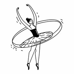 Elegant black and white line art illustration of a graceful ballerina performing a pirouette with her arms outstretched and tutu swirling dynamically around her © Stock