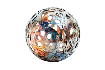 Ornate metallic with intricate filigree design isolated on transparent background. Sphere featuring an intricate openwork design with organic patterns isolated on white background.