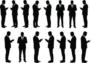 Silhouette business men in suits using smartphones, corporate communication, mobile technology, professional teamwork concept, vector illustration for business and office designs
