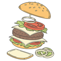 Exploded view of a delicious cheeseburger with all its ingredients separated and stacked in a fun cartoon illustration style