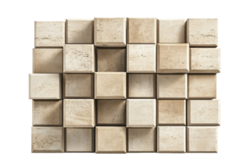 Abstract geometric pattern of light wood cubes isolated on transparent background. Stacked beige brick cubes arranged in a vertical pattern featuring smooth textures isolated on white background.