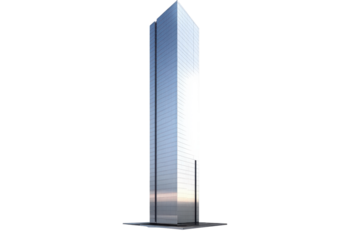 Modern skyscraper building with glass facade isolated on transparent background. Tall modern skyscraper featuring a glass facade with vertical lines and a sleek design isolated on white background.