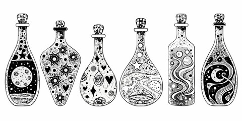 Collection of six unique black and white illustrated potion bottles filled with whimsical and magical elements
