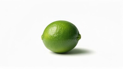 Single lime, vibrant green, smooth skin, slight imperfections, casts shadow on white background