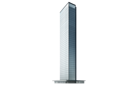 Modern skyscraper building with glass facade isolated on transparent background. Tall modern skyscraper featuring a glass facade with vertical lines and a sleek design isolated on white background.