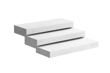 White rectangular blocks stacked in a staircase formation isolated on transparent background. White step design with a contemporary minimalist style isolated on white background.