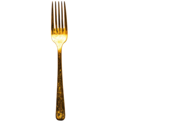 Ornate gold dinner fork isolated on transparent background. Golden fork isolated on a white background.