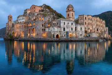 Abandoned village reflected in calm water at twilight