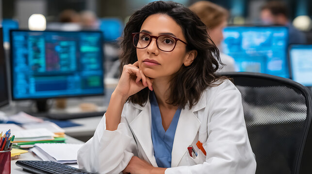 Female scientist in lab coat working at computer in research facility