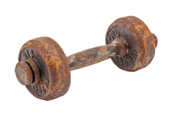 Old rusty dumbbell isolated on transparent background. Rusty iron dumbbell with patina vintage look perfect for rustic gym decor isolated on white background.
