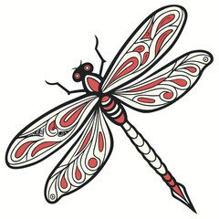 Stylized dragonfly illustration with intricate red and cream patterns on wings and body isolated on white background