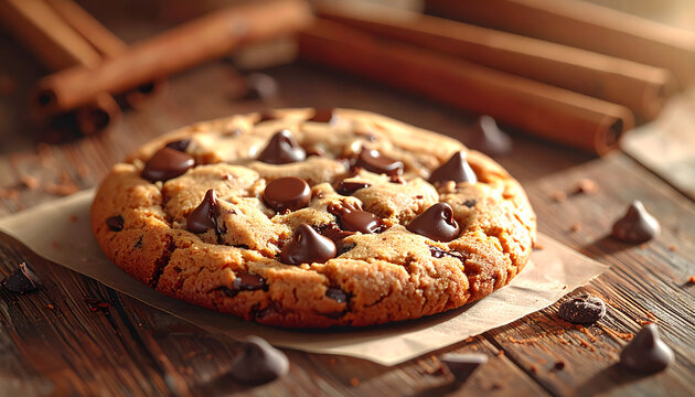 Close-up of a warm, delicious chocolate chip cookie on parchment paper, surrounded by cinnamon sticks and more chocolate chips.