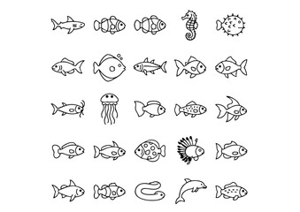 Under the Sea: 50 Fish Icons, Monochrome Marine Life Icons, A School of Vector Fish