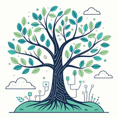 Stylized illustration of a vibrant tree with blue and green leaves rooted in technology with clouds and digital elements symbolizing growth and innovation