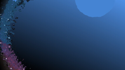 Abstract cosmic nebula with glowing stars and a large celestial body in deep blue space