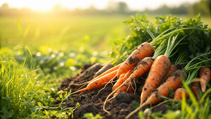 Carrots in field ready to harvesting, Carrot growing in field in natural warm sunlight background