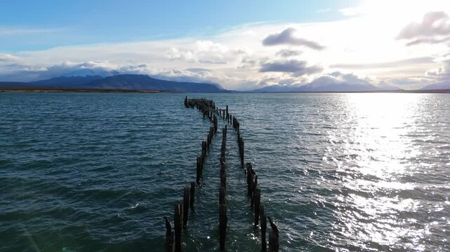 Aerial drone view of Puerto Natales, Strait of Magellan, Patagonia, Chile